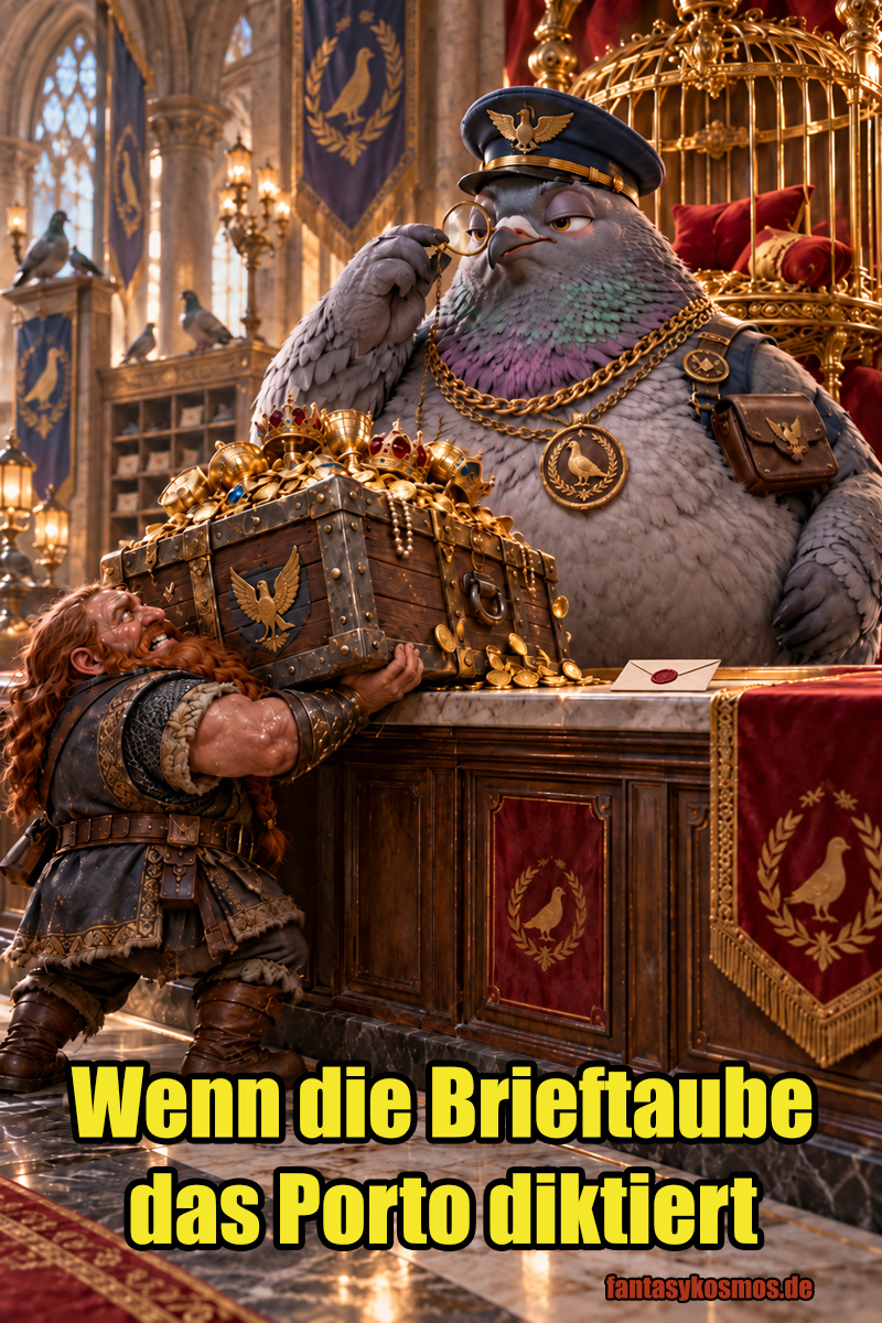 Absurd-fotorealistische Fantasy-Satire auf steigende Briefportokosten: In einer prunkvollen mittelalterlichen Posthalle hebt ein kräftiger Zwerg ächzend eine schwere Schatztruhe voller Gold auf einen Schalter. Hinter dem Tresen sitzt eine riesige, arrogant blickende Brieftaube mit Dienstmütze, Monokel, Goldketten und Posttasche. Auf dem Tresen liegt ein kleiner versiegelter Brief.