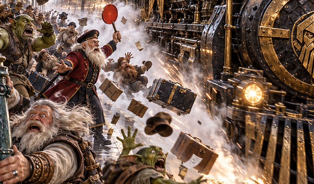 Auf dem Bahnsteig geraten Orks, Zwerge und Goblins in Panik, während Koffer und Hüte durch die Luft fliegen. Ein alter Zwerg klammert sich verzweifelt an eine Laterne.