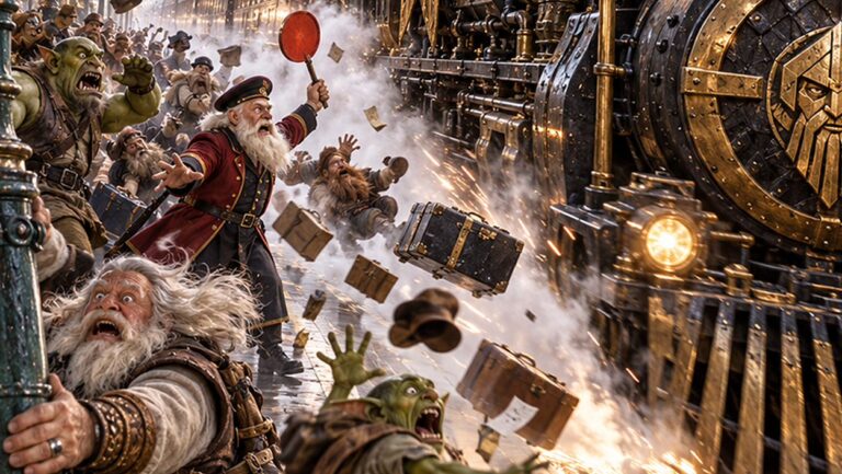 Auf dem Bahnsteig geraten Orks, Zwerge und Goblins in Panik, während Koffer und Hüte durch die Luft fliegen. Ein alter Zwerg klammert sich verzweifelt an eine Laterne.
