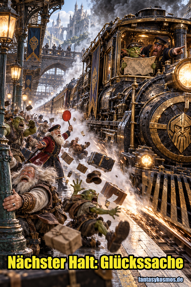 Absurd-fotorealistische Fantasy-Satire auf die Deutsche Bahn: Ein gigantischer Zwergen-Schnellzug rast mit irrsinniger Geschwindigkeit durch einen mittelalterlichen Bahnhof. Auf dem Bahnsteig geraten Orks, Zwerge und Goblins in Panik, während Koffer und Hüte durch die Luft fliegen. Ein alter Zwerg klammert sich verzweifelt an eine Laterne. Im Führerstand sitzt ein entspannter Goblin-Lokführer mit einer verkehrt herum gehaltenen Landkarte, während ein Schaffner hektisch auf den verpassten Bahnhof zeigt.