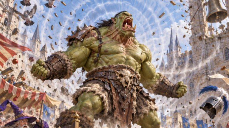 Absurd-fotorealistische Fantasy-Szene auf einem Marktplatz: Ein gewaltiger Ork steht auf einem Podest und brüllt mit voller Kraft in den Himmel.