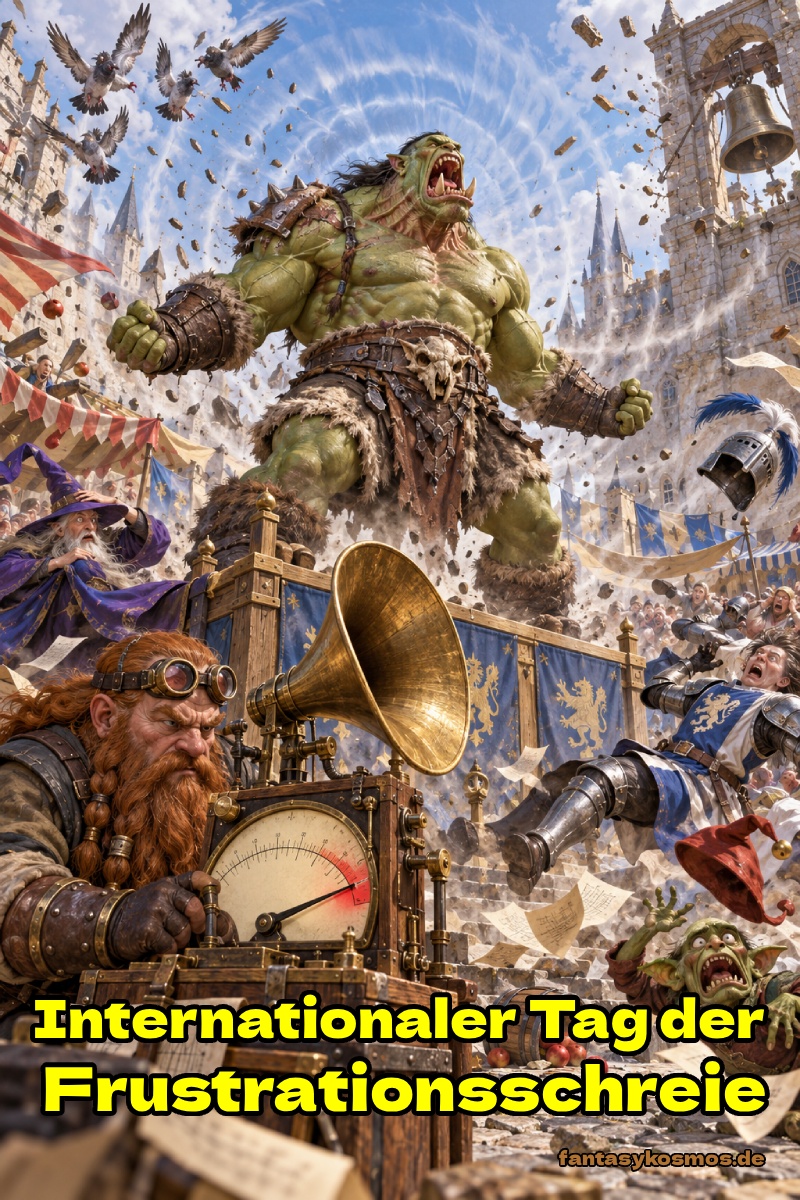 Absurd-fotorealistische Fantasy-Szene auf einem Marktplatz: Ein gewaltiger Ork steht auf einem Podest und brüllt mit voller Kraft in den Himmel. Neben ihm misst ein konzentrierter Zwerg mit einer aufwendigen Schallmess-Apparatur die Lautstärke. Die Druckwelle des Schreis wirbelt über den Platz: Ein Ritterhelm fliegt davon, Papiere und Hüte werden durch die Luft geschleudert, ein Goblin verliert die Fassung, und im Hintergrund schlagen Glocken und Fenster unter der Wucht des Lärms Alarm.