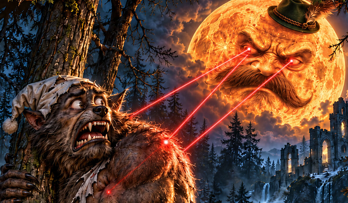 Ein gigantischer orange leuchtender Vollmond mit grimmigem Gesicht, mächtigem Schnurrbart und grünem Jägerhut verfolgt Werwölfe mit roten Laserzielstrahlen. Im Vordergrund klammert sich ein vollkommen verängstigter Werwolf mit Schlafmütze an einen Baum.