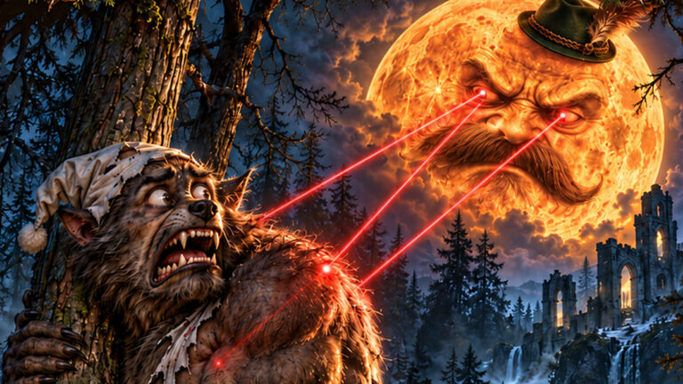 Ein gigantischer orange leuchtender Vollmond mit grimmigem Gesicht, mächtigem Schnurrbart und grünem Jägerhut verfolgt Werwölfe mit roten Laserzielstrahlen. Im Vordergrund klammert sich ein vollkommen verängstigter Werwolf mit Schlafmütze an einen Baum.