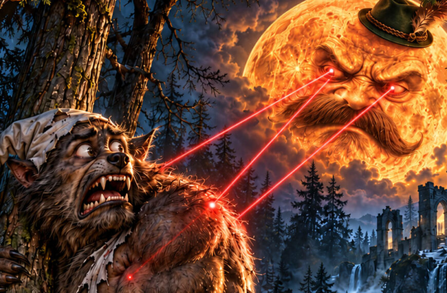 Ein gigantischer orange leuchtender Vollmond mit grimmigem Gesicht, mächtigem Schnurrbart und grünem Jägerhut verfolgt Werwölfe mit roten Laserzielstrahlen. Im Vordergrund klammert sich ein vollkommen verängstigter Werwolf mit Schlafmütze an einen Baum.