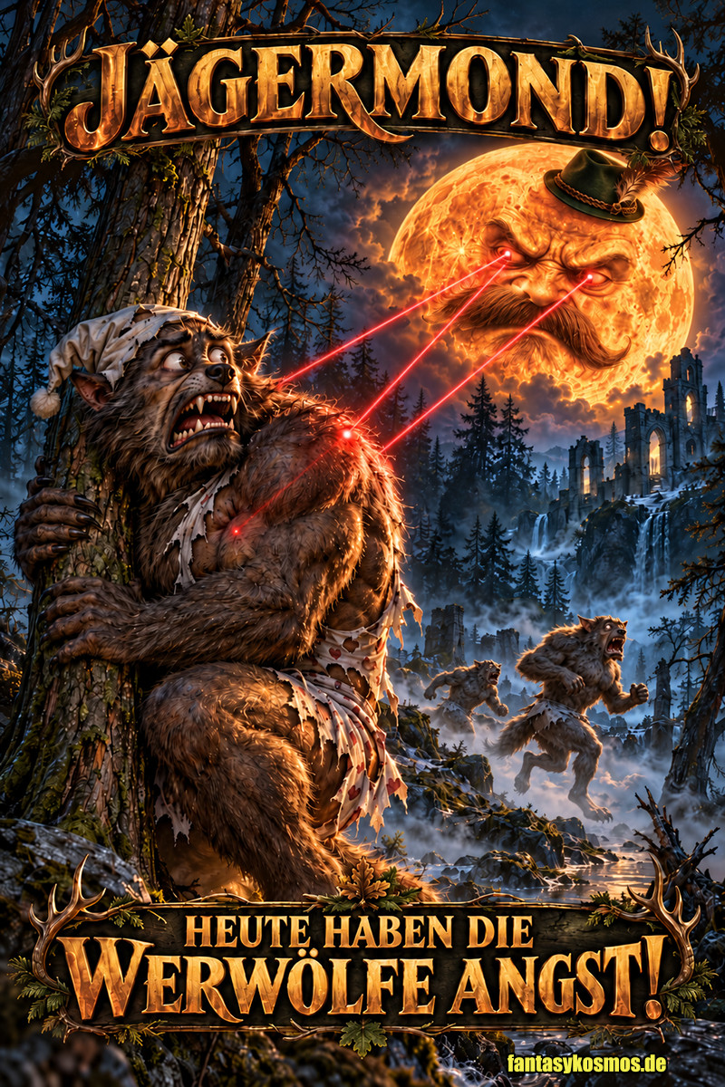 Absurd-fotorealistische Fantasy-Satire zum Jägermond 2026: Ein gigantischer orange leuchtender Vollmond mit grimmigem Gesicht, mächtigem Schnurrbart und grünem Jägerhut verfolgt Werwölfe mit roten Laserzielstrahlen. Im Vordergrund klammert sich ein vollkommen verängstigter Werwolf mit Schlafmütze an einen Baum, während zwei Artgenossen panisch durch einen nebligen Wald flüchten. Goldene Schriftbanner verkünden „JÄGERMOND!“ und „HEUTE HABEN DIE WERWÖLFE ANGST!“.
