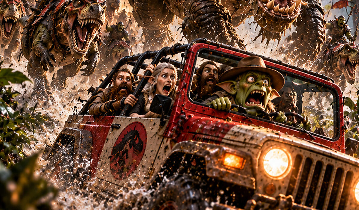 Spektakuläres Fantasy-Filmplakat als Parodie auf Jurassic Park: Ein gigantischer Orkosaurus Rex mit grüner Schuppenhaut, mächtigen Hauern und brutaler Stachelrüstung verfolgt einen Geländewagen voller panischer Fantasy-Abenteurer.