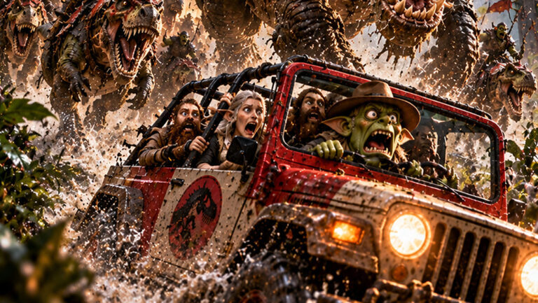 Spektakuläres Fantasy-Filmplakat als Parodie auf Jurassic Park: Ein gigantischer Orkosaurus Rex mit grüner Schuppenhaut, mächtigen Hauern und brutaler Stachelrüstung verfolgt einen Geländewagen voller panischer Fantasy-Abenteurer.