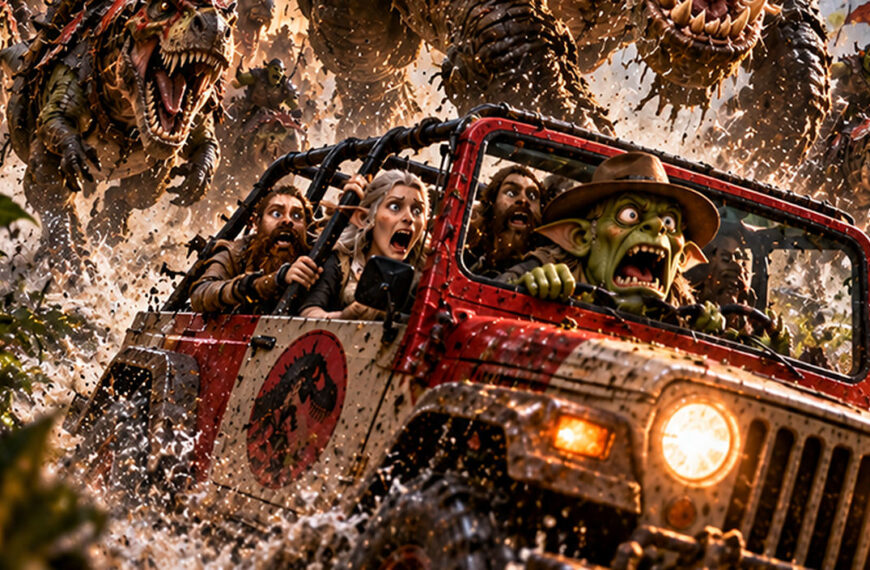 Spektakuläres Fantasy-Filmplakat als Parodie auf Jurassic Park: Ein gigantischer Orkosaurus Rex mit grüner Schuppenhaut, mächtigen Hauern und brutaler Stachelrüstung verfolgt einen Geländewagen voller panischer Fantasy-Abenteurer.
