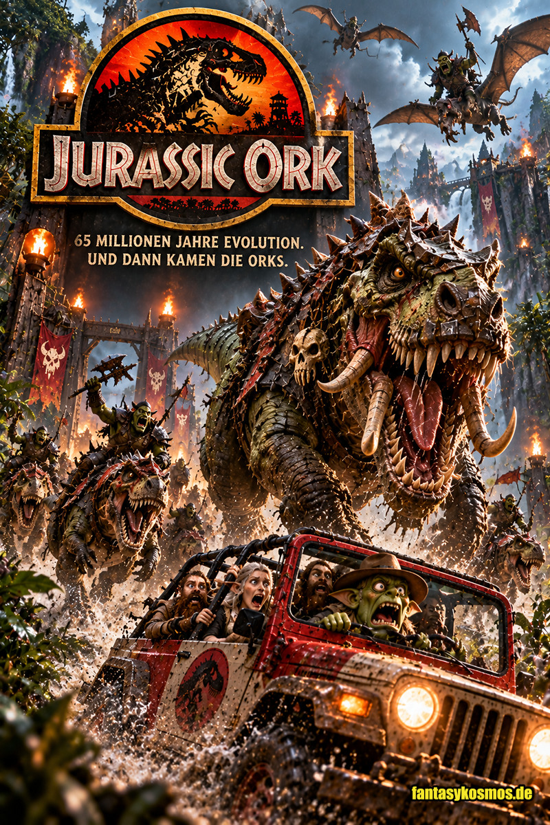 Spektakuläres Fantasy-Filmplakat als Parodie auf Jurassic Park: Ein gigantischer Orkosaurus Rex mit grüner Schuppenhaut, mächtigen Hauern und brutaler Stachelrüstung verfolgt einen Geländewagen voller panischer Fantasy-Abenteurer. Weitere Orks reiten auf Raubsauriern durch einen brennenden Dschungel. Darüber prangt das Filmlogo „JURASSIC ORK“ mit dem Slogan „65 MILLIONEN JAHRE EVOLUTION. UND DANN KAMEN DIE ORKS.“