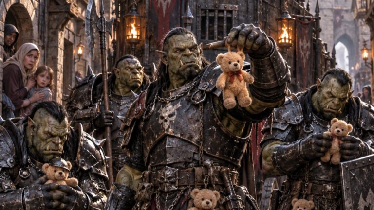 Absurd-fotorealistische Fantasy-Szene in einer mittelalterlichen Stadtgasse: Mehrere schwer gepanzerte Orks der Stadtwache marschieren grimmig durch das Stadttor. Sie tragen Äxte, Speere und Schilde und wirken wie eine brutale Eliteeinheit. Gleichzeitig hängt an jedem Gürtel ein kleiner flauschiger Teddybär.