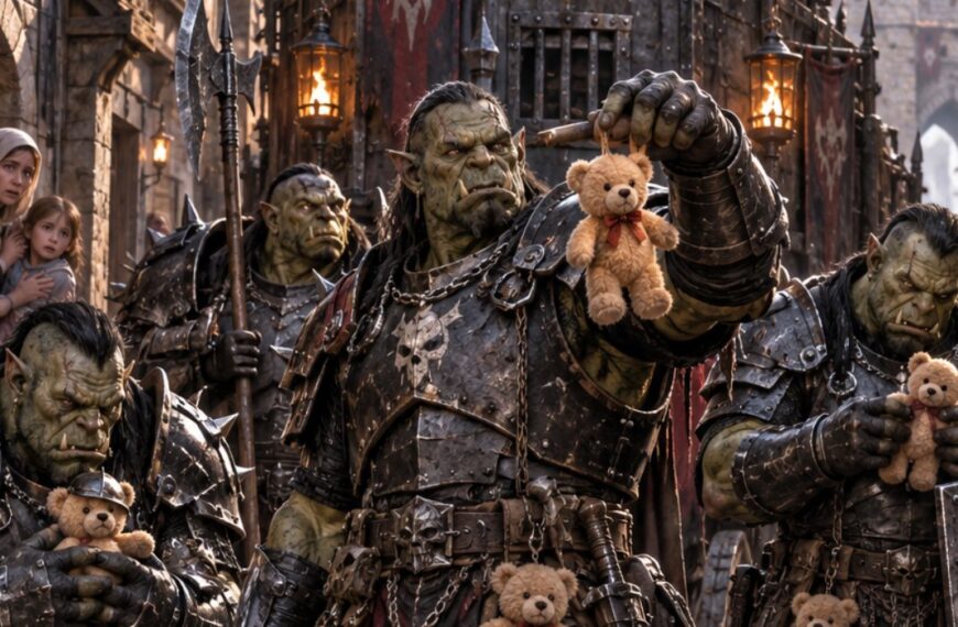 Absurd-fotorealistische Fantasy-Szene in einer mittelalterlichen Stadtgasse: Mehrere schwer gepanzerte Orks der Stadtwache marschieren grimmig durch das Stadttor. Sie tragen Äxte, Speere und Schilde und wirken wie eine brutale Eliteeinheit. Gleichzeitig hängt an jedem Gürtel ein kleiner flauschiger Teddybär.