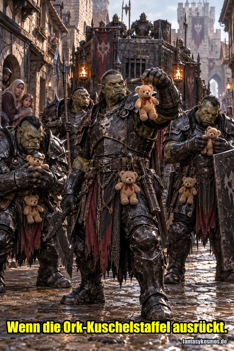 Absurd-fotorealistische Fantasy-Szene in einer mittelalterlichen Stadtgasse: Mehrere schwer gepanzerte Orks der Stadtwache marschieren grimmig durch das Stadttor. Sie tragen Äxte, Speere und Schilde und wirken wie eine brutale Eliteeinheit. Gleichzeitig hängt an jedem Gürtel ein kleiner flauschiger Teddybär. Der Anführer hält einen Teddy mit zwei Fingern prüfend hoch, während ein anderer Ork seinen Plüschbären verwundert betrachtet. Im Hintergrund steht ein gepanzerter Gefangenentransportwagen, am Rand beobachten verunsicherte Bewohner die ungewöhnlich weiche Seite der harten Stadtwache.