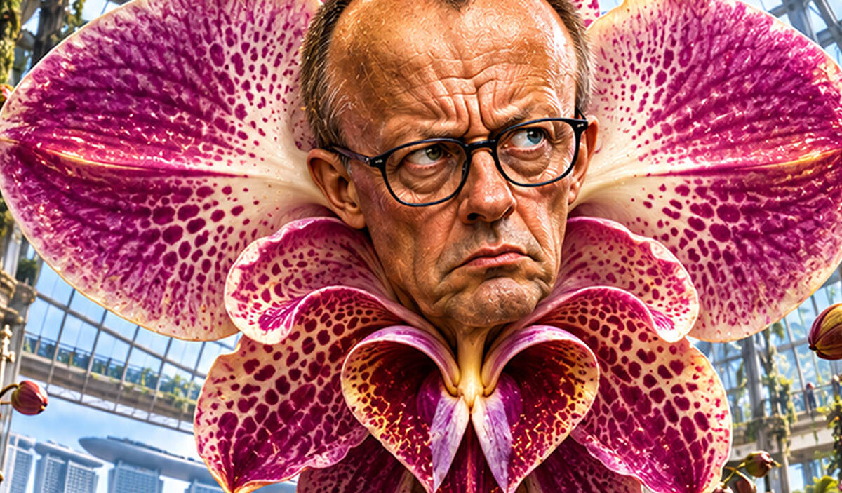 Absurd-fotorealistische Fantasy-Satire: In einem prachtvollen tropischen Gewächshaus in Singapur wächst eine gigantische pink-violette Orchidee mit dem streng dreinblickenden Kopf von Friedrich Merz. Die riesige Kanzlerblume trägt eine schwarze Brille.