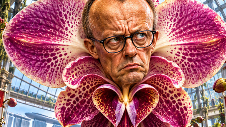 Absurd-fotorealistische Fantasy-Satire: In einem prachtvollen tropischen Gewächshaus in Singapur wächst eine gigantische pink-violette Orchidee mit dem streng dreinblickenden Kopf von Friedrich Merz. Die riesige Kanzlerblume trägt eine schwarze Brille.