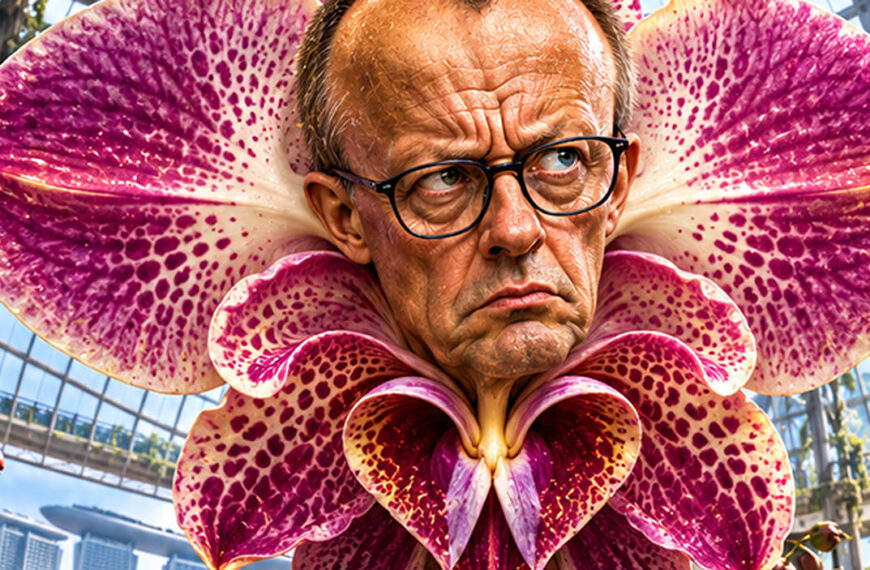Absurd-fotorealistische Fantasy-Satire: In einem prachtvollen tropischen Gewächshaus in Singapur wächst eine gigantische pink-violette Orchidee mit dem streng dreinblickenden Kopf von Friedrich Merz. Die riesige Kanzlerblume trägt eine schwarze Brille.