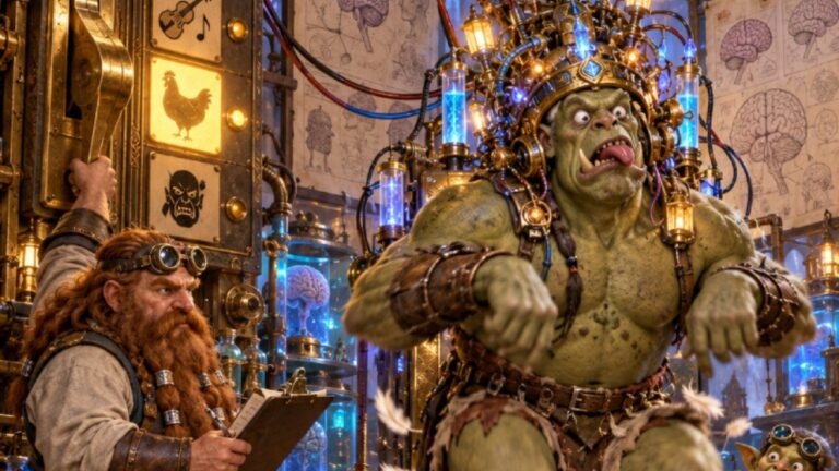 Absurd-fotorealistische Fantasy-Szene in einem Zwergenlabor: Ein massiver Ork sitzt auf einem Untersuchungsstuhl und trägt einen komplizierten Messinghelm mit Kristallen, Kabeln und Leuchtmodulen. Neben ihm bedient ein konzentrierter Zwergenforscher einen großen Schalterkasten mit mehreren Symbolen für unterschiedliche Verhaltensweisen.