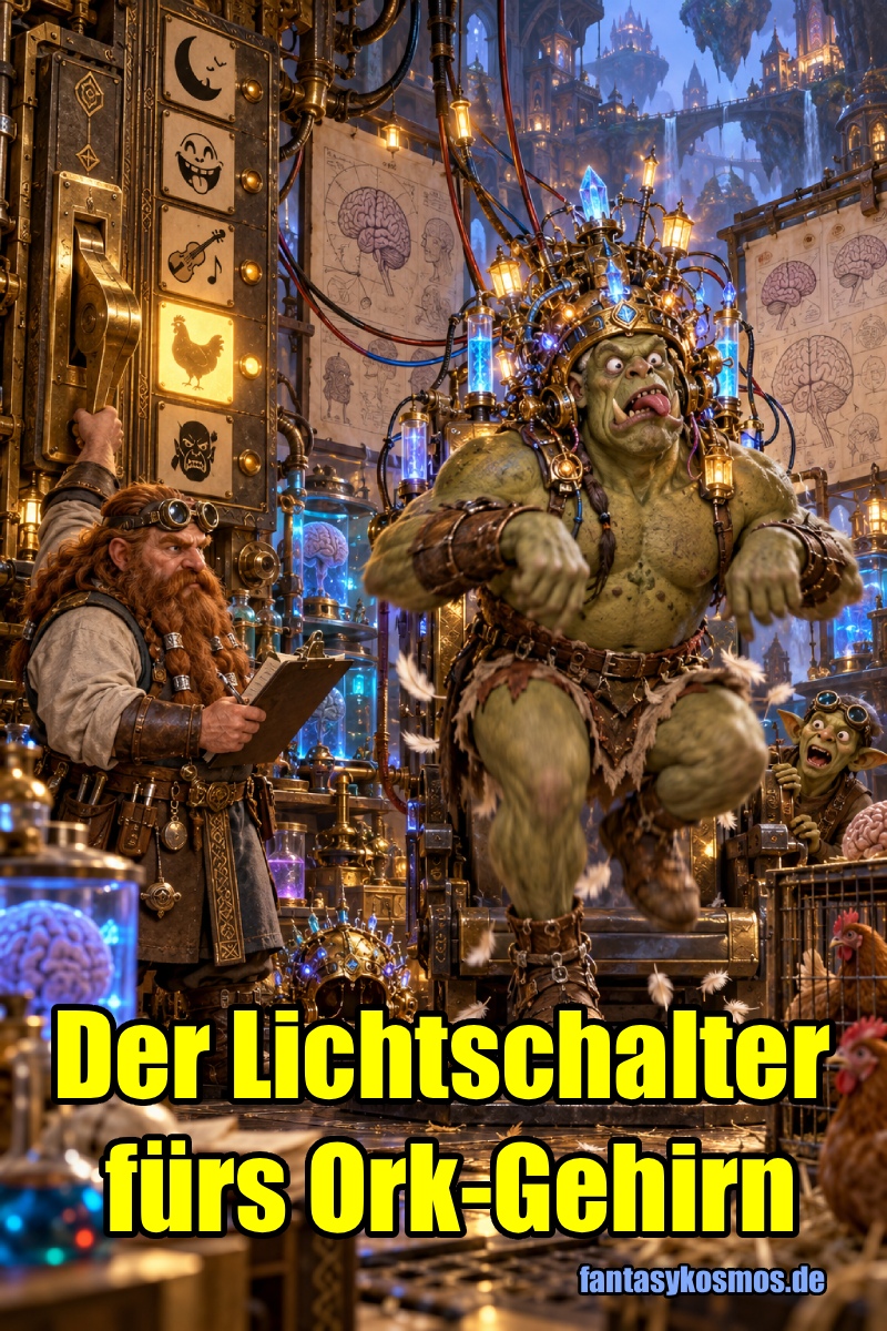 Absurd-fotorealistische Fantasy-Szene in einem Zwergenlabor: Ein massiver Ork sitzt auf einem Untersuchungsstuhl und trägt einen komplizierten Messinghelm mit Kristallen, Kabeln und Leuchtmodulen. Neben ihm bedient ein konzentrierter Zwergenforscher einen großen Schalterkasten mit mehreren Symbolen für unterschiedliche Verhaltensweisen. Der aktuell aktivierte Modus hat den Ork offenbar in ein Huhn verwandelt: Er steht halb auf, flattert mit den Armen und wirkt verwirrt-aggressiv. Im Hintergrund beobachtet ein Goblin-Assistent das Experiment zwischen Phiolen, Notizen und allerlei Laborchaos.