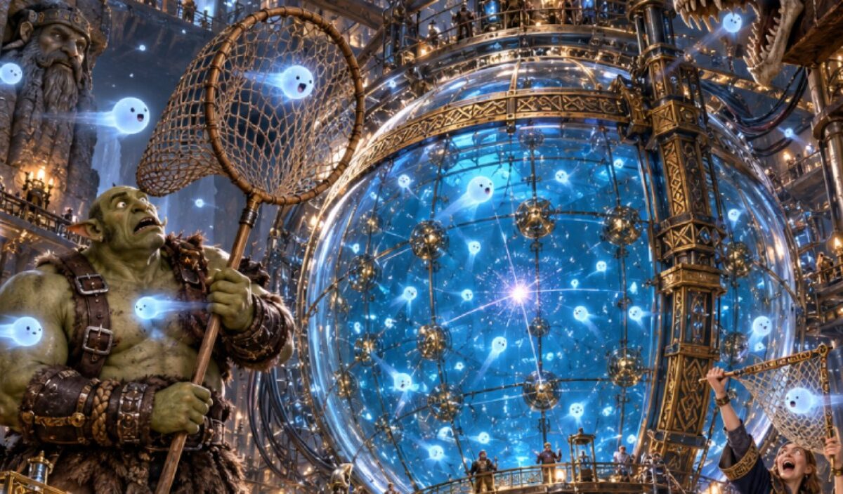 Absurd-fotorealistische Fantasy-Szene in einem gigantischen Zwergenlabor: Im Zentrum steht ein riesiger kugelförmiger Detektor aus Glas, Messing, Runenmetall und blau leuchtender Flüssigkeit. Überall schweben kleine dümmlich blickende, geisterhaft leuchtende Neutrino-Wesen. Einige fliegen scheinbar durch Wände, Forscher, Tische und Geräte hindurch. Ein Ork versucht ernsthaft, sie mit einem riesigen Fangnetz einzufangen.