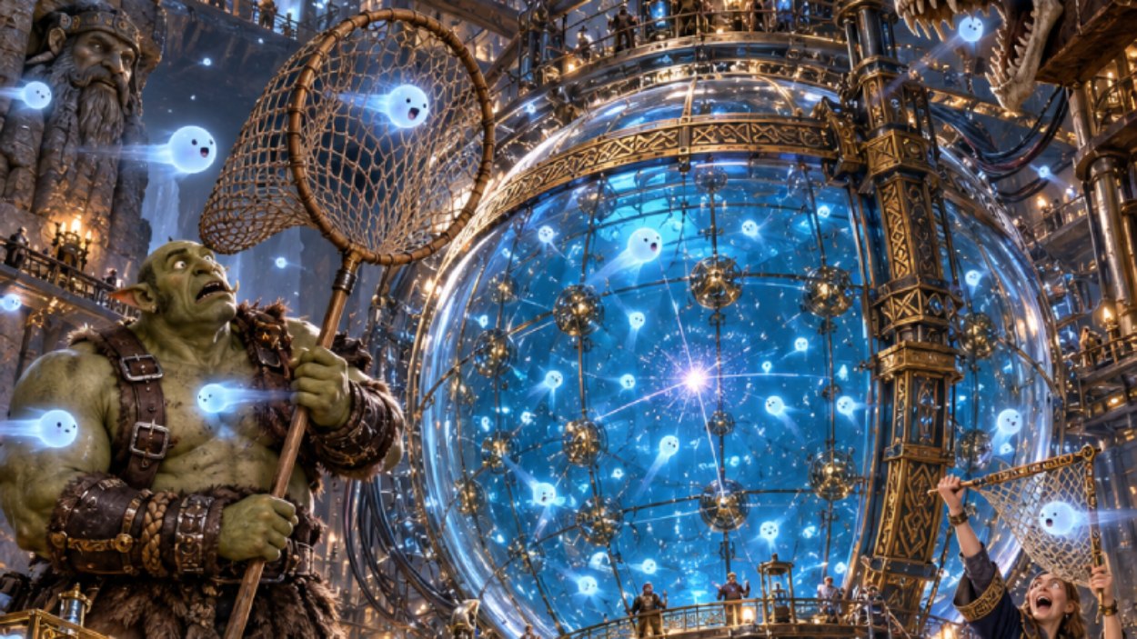 Absurd-fotorealistische Fantasy-Szene in einem gigantischen Zwergenlabor: Im Zentrum steht ein riesiger kugelförmiger Detektor aus Glas, Messing, Runenmetall und blau leuchtender Flüssigkeit. Überall schweben kleine dümmlich blickende, geisterhaft leuchtende Neutrino-Wesen. Einige fliegen scheinbar durch Wände, Forscher, Tische und Geräte hindurch. Ein Ork versucht ernsthaft, sie mit einem riesigen Fangnetz einzufangen.