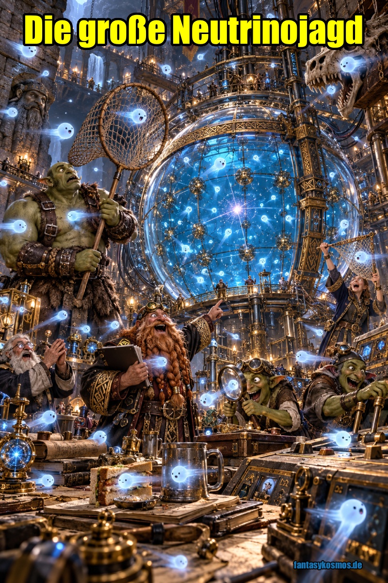 Absurd-fotorealistische Fantasy-Szene in einem gigantischen Zwergenlabor: Im Zentrum steht ein riesiger kugelförmiger Detektor aus Glas, Messing, Runenmetall und blau leuchtender Flüssigkeit. Überall schweben kleine dümmlich blickende, geisterhaft leuchtende Neutrino-Wesen. Einige fliegen scheinbar durch Wände, Forscher, Tische und Geräte hindurch. Ein Ork versucht ernsthaft, sie mit einem riesigen Fangnetz einzufangen, während Zwergenforscher und Goblin-Assistenten begeistert auf Messgeräte und Lichtblitze reagieren.