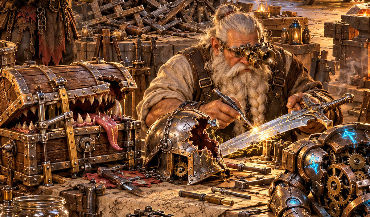 Absurd-fotorealistische Fantasy-Szene in einer warm beleuchteten Zwergenwerkstatt: Ein konzentrierter Zwergenmeister repariert an einer großen Werkbank ein beschädigtes magisches Schwert. Um ihn herum liegen und stehen allerlei groteske Reparaturfälle: ein kaputter Golem mit offenen Zahnrädern, ein Mimic mit lädiertem Deckel und herausgestreckter Zunge sowie ein schwer beschädigter Streitwagen.
