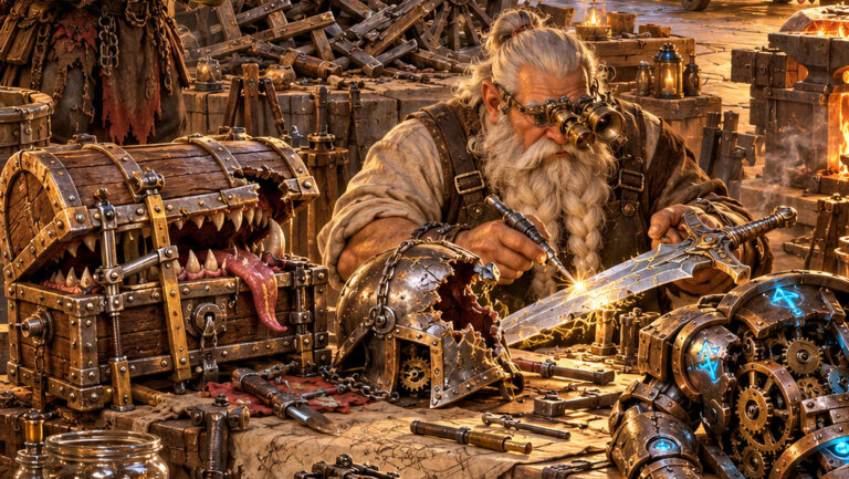 Absurd-fotorealistische Fantasy-Szene in einer warm beleuchteten Zwergenwerkstatt: Ein konzentrierter Zwergenmeister repariert an einer großen Werkbank ein beschädigtes magisches Schwert. Um ihn herum liegen und stehen allerlei groteske Reparaturfälle: ein kaputter Golem mit offenen Zahnrädern, ein Mimic mit lädiertem Deckel und herausgestreckter Zunge sowie ein schwer beschädigter Streitwagen.