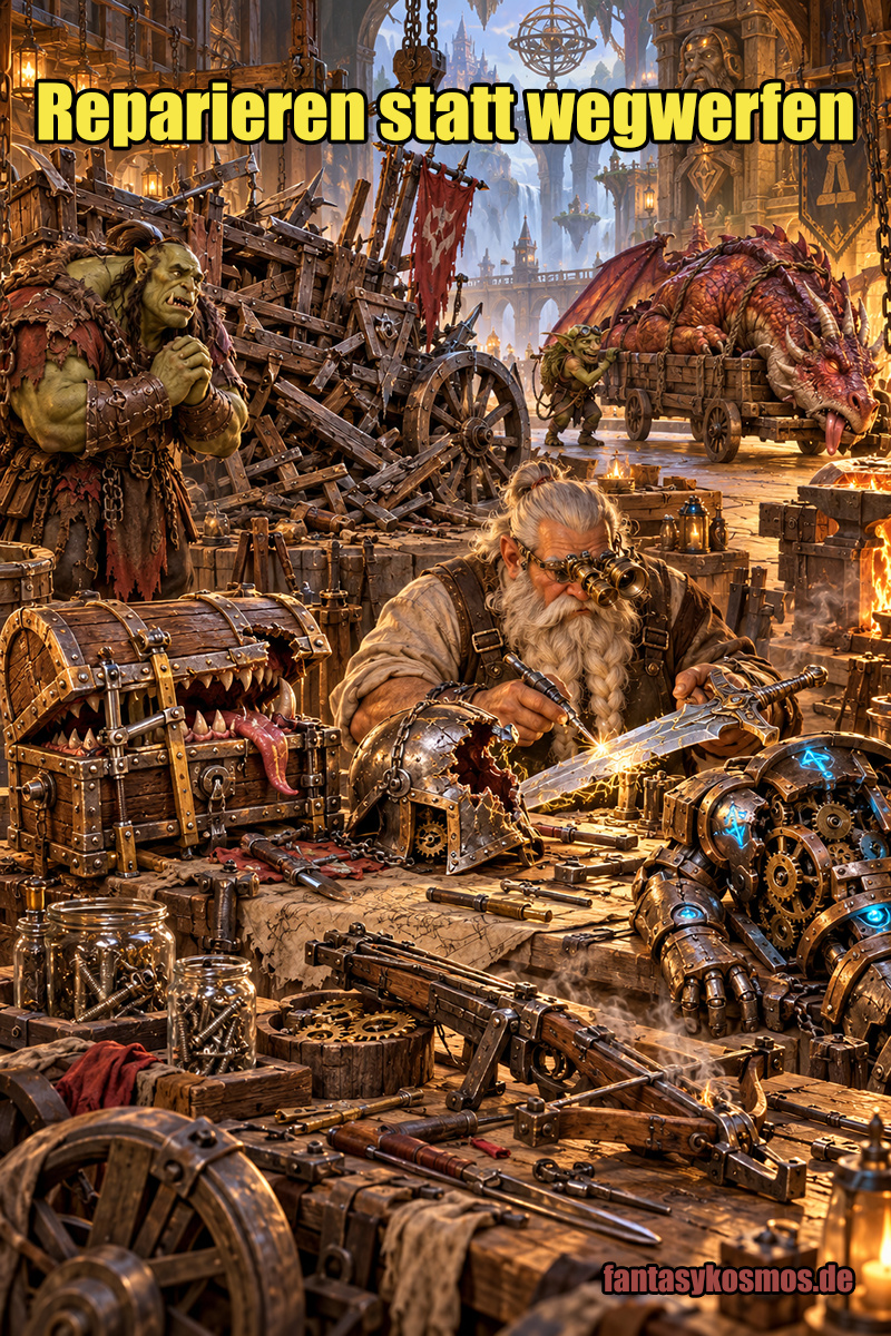Absurd-fotorealistische Fantasy-Szene in einer warm beleuchteten Zwergenwerkstatt: Ein konzentrierter Zwergenmeister repariert an einer großen Werkbank ein beschädigtes magisches Schwert. Um ihn herum liegen und stehen allerlei groteske Reparaturfälle: ein kaputter Golem mit offenen Zahnrädern, ein Mimic mit lädiertem Deckel und herausgestreckter Zunge sowie ein schwer beschädigter Streitwagen. Links wartet ein hoffnungsvoller Ork vor dem Trümmerhaufen seines Wagens, während im Hintergrund sogar ein Drache auf einem Transportkarren in die Werkstatt gebracht wird.