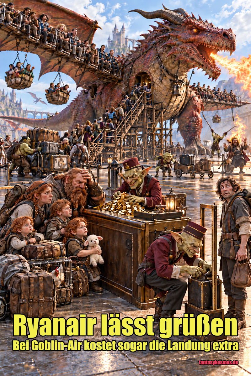 Absurd-fotorealistische Fantasy-Szene in einer warm beleuchteten Zwergenwerkstatt: Ein konzentrierter Zwergenmeister repariert an einer großen Werkbank ein beschädigtes magisches Schwert. Um ihn herum liegen und stehen allerlei groteske Reparaturfälle: ein kaputter Golem mit offenen Zahnrädern, ein Mimic mit lädiertem Deckel und herausgestreckter Zunge sowie ein schwer beschädigter Streitwagen. Links wartet ein hoffnungsvoller Ork vor dem Trümmerhaufen seines Wagens, während im Hintergrund sogar ein Drache auf einem Transportkarren in die Werkstatt gebracht wird.