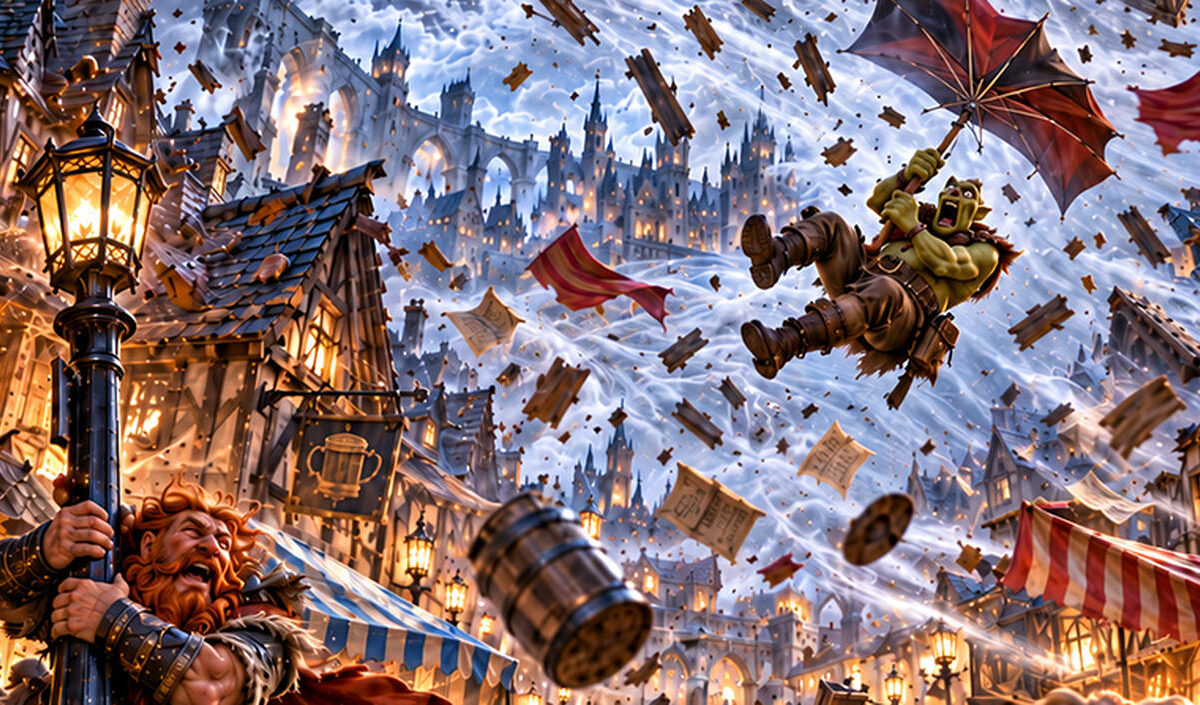 Absurd-fotorealistische Fantasy-Illustration für The Daily Meme auf Fantasykosmos. Eine gigantische Banshee entfesselt einen gewaltigen Sturm über einer mittelalterlichen Fantasy-Stadt.