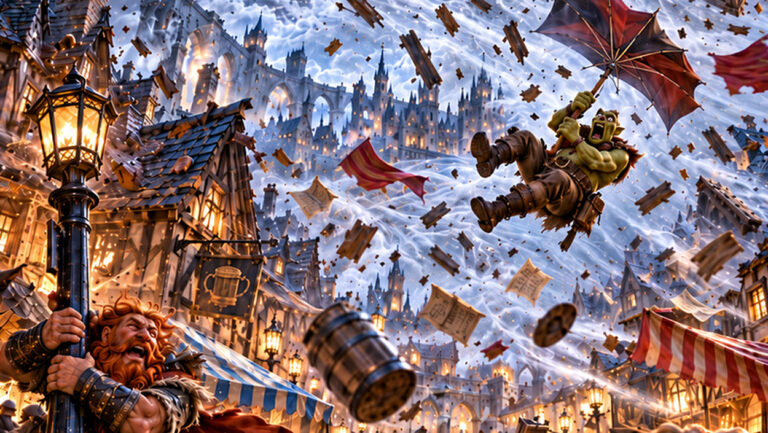 Absurd-fotorealistische Fantasy-Illustration für The Daily Meme auf Fantasykosmos. Eine gigantische Banshee entfesselt einen gewaltigen Sturm über einer mittelalterlichen Fantasy-Stadt.