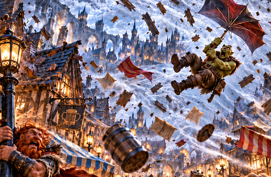 Absurd-fotorealistische Fantasy-Illustration für The Daily Meme auf Fantasykosmos. Eine gigantische Banshee entfesselt einen gewaltigen Sturm über einer mittelalterlichen Fantasy-Stadt.