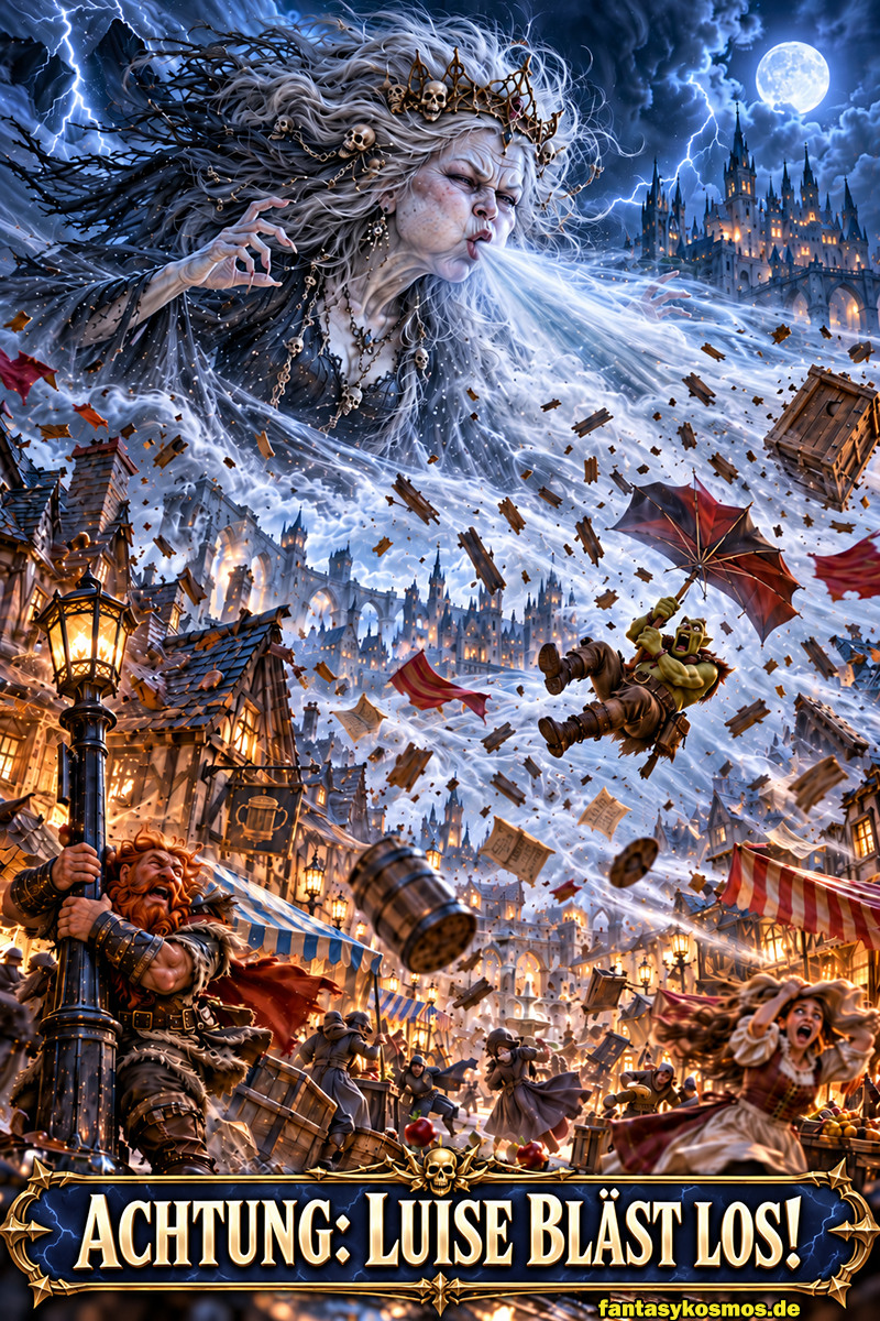 Absurd-fotorealistische Fantasy-Illustration für The Daily Meme auf Fantasykosmos. Eine gigantische Banshee entfesselt einen gewaltigen Sturm über einer mittelalterlichen Fantasy-Stadt. Dächer, Trümmer, Marktstände und ein Plumpsklo fliegen durch die Luft, während sich die Bewohner verzweifelt in Sicherheit bringen. Die satirische Darstellung greift das aktuelle Sturmtief Luise und die stürmische Wetterlage in Deutschland auf.