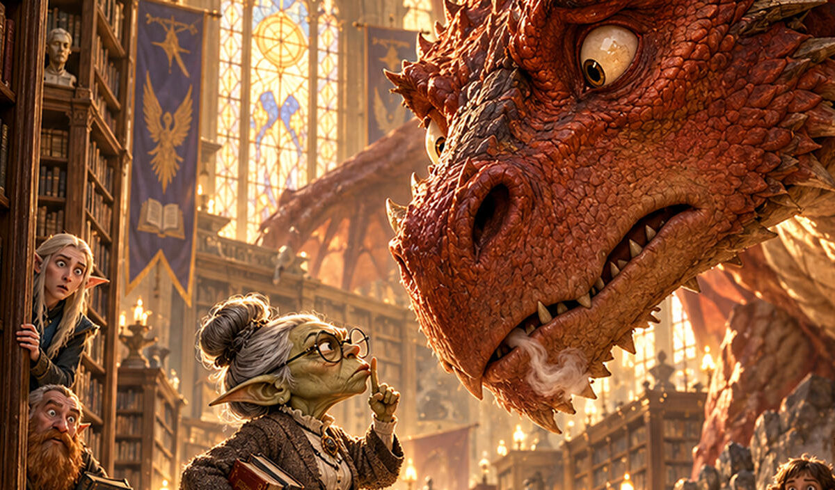 Absurd-fotorealistische Fantasy-Satire zum Tag der Bibliotheken: In einer prachtvollen, mittelalterlichen Bibliothek steht eine winzige, alte Goblin-Bibliothekarin mit Brille und strengem Dutt vor einem gigantischen roten Drachen. Unbeeindruckt hält sie den Zeigefinger vor die Lippen und ermahnt das Ungeheuer zur Ruhe. Der Drache schaut völlig verdutzt, während ein entsetzter Zwerg und eine Elfe hinter den Bücherregalen hervorlugen.