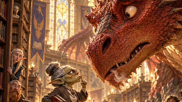 Absurd-fotorealistische Fantasy-Satire zum Tag der Bibliotheken: In einer prachtvollen, mittelalterlichen Bibliothek steht eine winzige, alte Goblin-Bibliothekarin mit Brille und strengem Dutt vor einem gigantischen roten Drachen. Unbeeindruckt hält sie den Zeigefinger vor die Lippen und ermahnt das Ungeheuer zur Ruhe. Der Drache schaut völlig verdutzt, während ein entsetzter Zwerg und eine Elfe hinter den Bücherregalen hervorlugen.