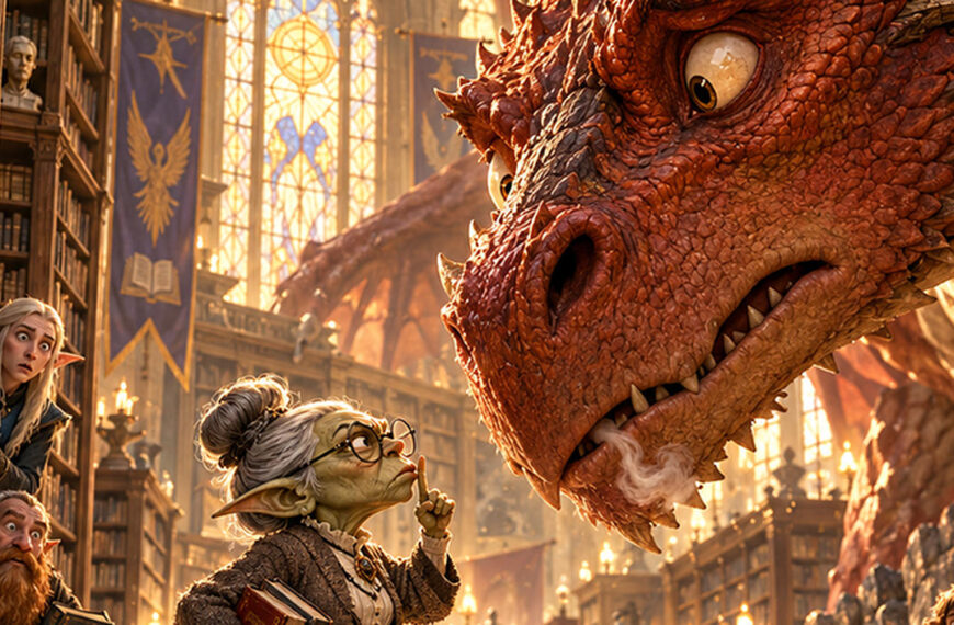 Absurd-fotorealistische Fantasy-Satire zum Tag der Bibliotheken: In einer prachtvollen, mittelalterlichen Bibliothek steht eine winzige, alte Goblin-Bibliothekarin mit Brille und strengem Dutt vor einem gigantischen roten Drachen. Unbeeindruckt hält sie den Zeigefinger vor die Lippen und ermahnt das Ungeheuer zur Ruhe. Der Drache schaut völlig verdutzt, während ein entsetzter Zwerg und eine Elfe hinter den Bücherregalen hervorlugen.