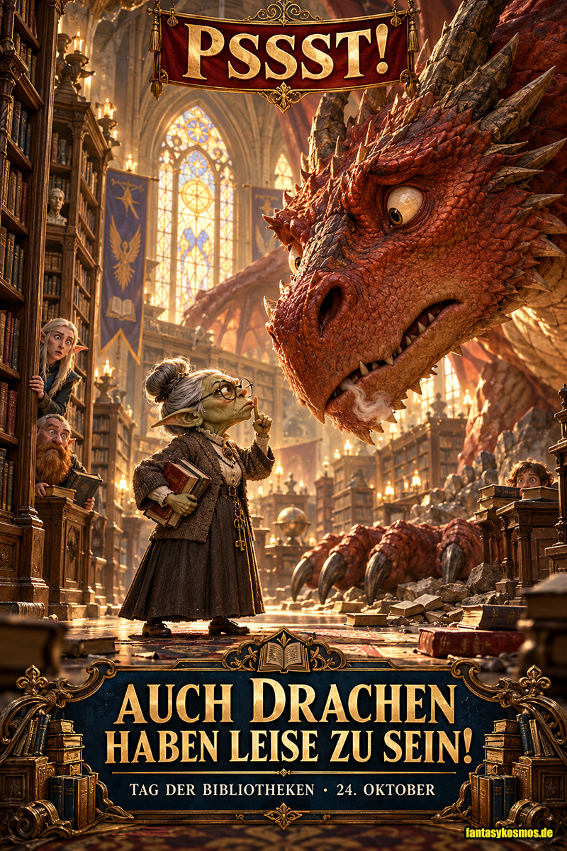 Absurd-fotorealistische Fantasy-Satire zum Tag der Bibliotheken: In einer prachtvollen, mittelalterlichen Bibliothek steht eine winzige, alte Goblin-Bibliothekarin mit Brille und strengem Dutt vor einem gigantischen roten Drachen. Unbeeindruckt hält sie den Zeigefinger vor die Lippen und ermahnt das Ungeheuer zur Ruhe. Der Drache schaut völlig verdutzt, während ein entsetzter Zwerg und eine Elfe hinter den Bücherregalen hervorlugen. Darüber prangt der Schriftzug „PSSST!“, darunter „AUCH DRACHEN HABEN LEISE ZU SEIN!“.
