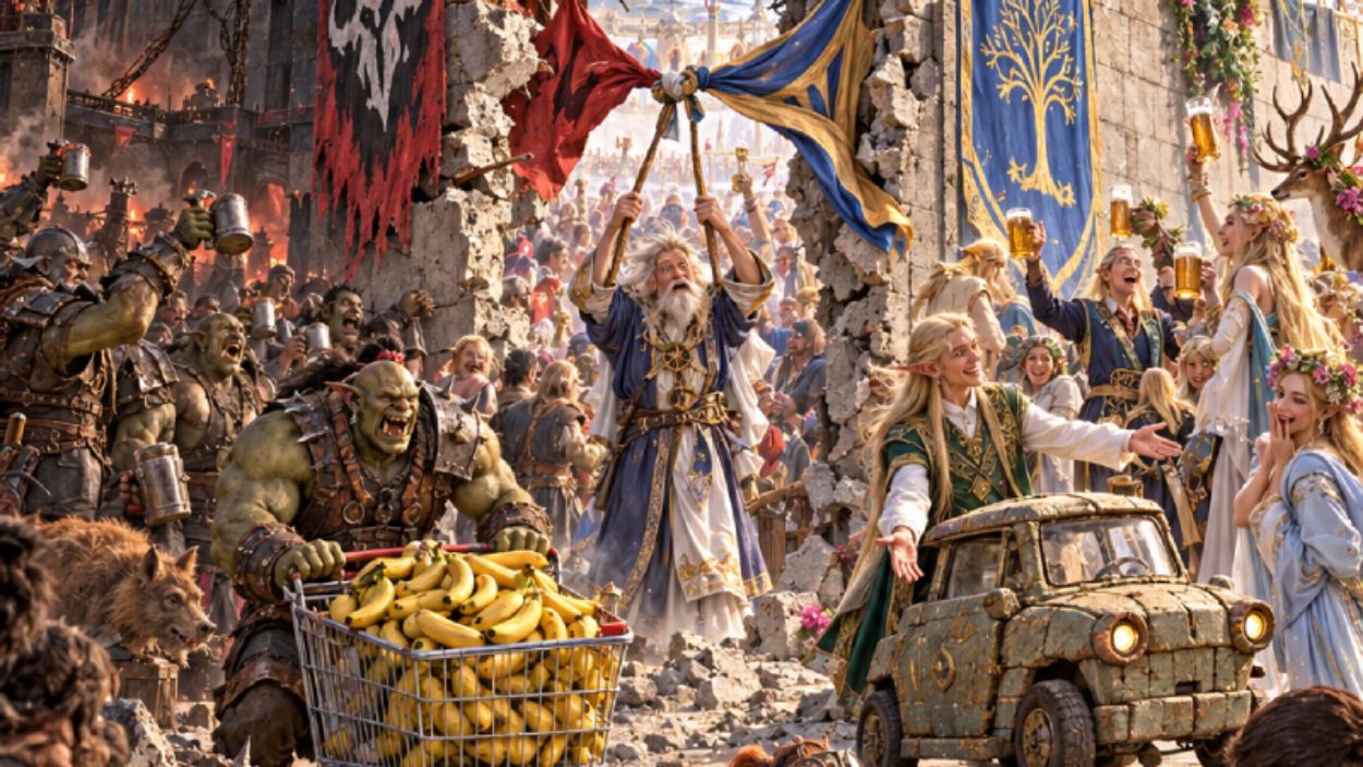 Absurd-fotorealistische Fantasy-Szene zur Wiedervereinigung der Zwischenreiche: Eine gewaltige Mauer zwischen zwei sehr unterschiedlichen Reichen wurde gerade eingerissen. Links liegt eine düstere orkische Industriefestung mit rauchenden Türmen, rechts eine prächtige Elfenstadt mit goldenen Dächern, Blumen und festlicher Pracht. In der Mitte herrscht sofort buntes Chaos.