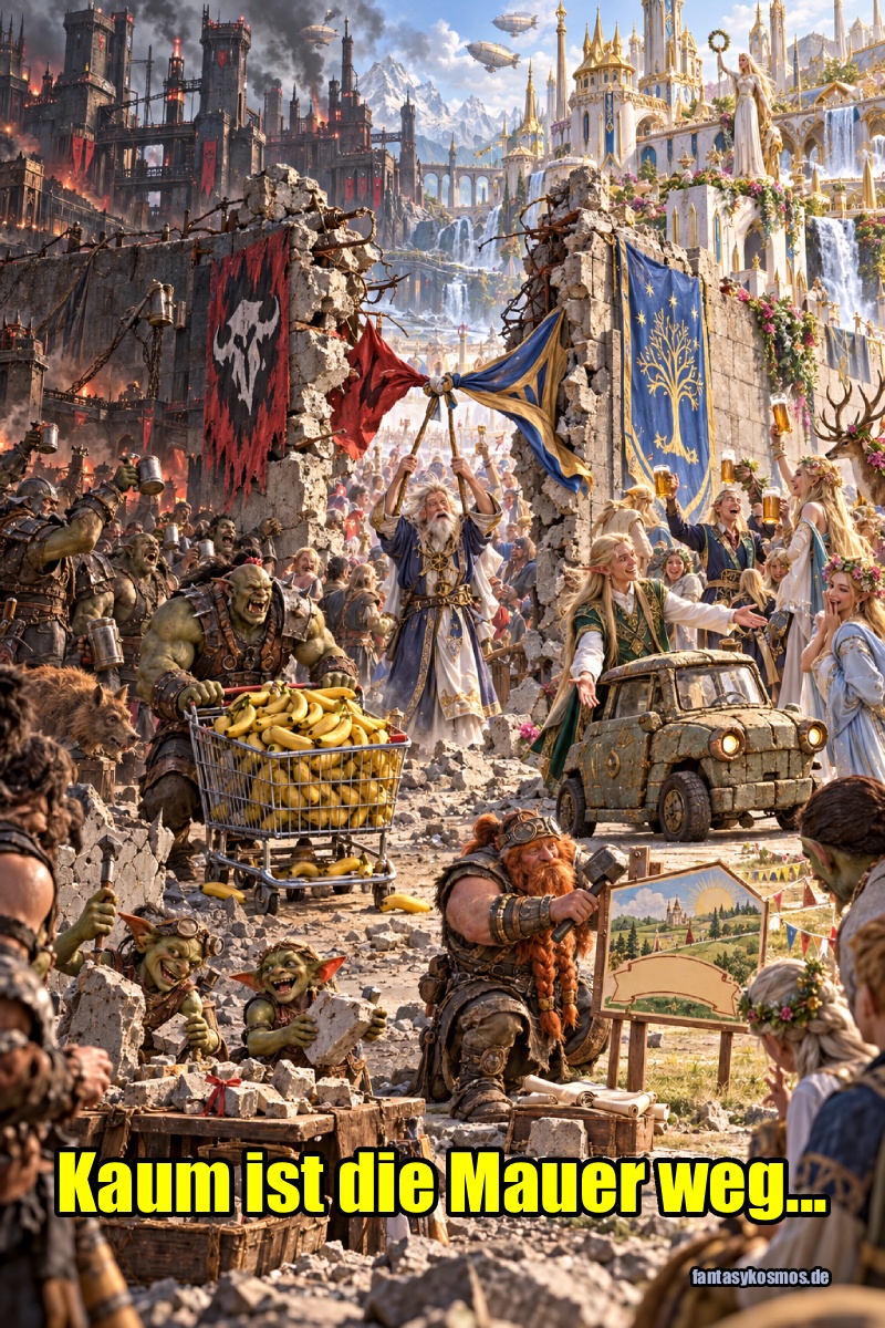Absurd-fotorealistische Fantasy-Szene zur Wiedervereinigung der Zwischenreiche: Eine gewaltige Mauer zwischen zwei sehr unterschiedlichen Reichen wurde gerade eingerissen. Links liegt eine düstere orkische Industriefestung mit rauchenden Türmen, rechts eine prächtige Elfenstadt mit goldenen Dächern, Blumen und festlicher Pracht. In der Mitte herrscht sofort buntes Chaos: Ein Ork schiebt einen Wagen voller Bananen durch die Öffnung, ein Elf bietet einen gebrauchten Trabant-Golem an, ein Zwerg rammt ein Schild für neue Grundstückspreise in den Boden, zwei Goblins verkaufen Mauerstücke als Souvenirs, und ein überforderter Einheitsmagier versucht mit zwei Fahnen Ordnung in die Szene zu bringen. Im Hintergrund feiern beide Seiten bereits gemeinsam.