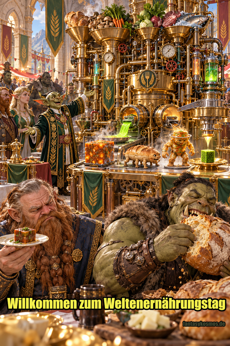 Absurd-fotorealistische Fantasy-Szene in einer prunkvollen Festhalle der Zwischenreiche: Eine gigantische Ernährungsmaschine aus Messing, Rohren und Zahnrädern verarbeitet Brot, Gemüse, Fisch und Kräuter zu seltsamer Zukunftsnahrung. Ein selbstzufriedener Goblin-Minister präsentiert stolz leuchtende Pasten, Glibberwürfel und andere fragwürdige Innovationen. Daneben betrachtet ein skeptischer Zwerg einen merkwürdigen Nahrungswürfel mit deutlichem Misstrauen, während ein Ork im Vordergrund völlig zufrieden einfach ein riesiges normales Brot isst.
