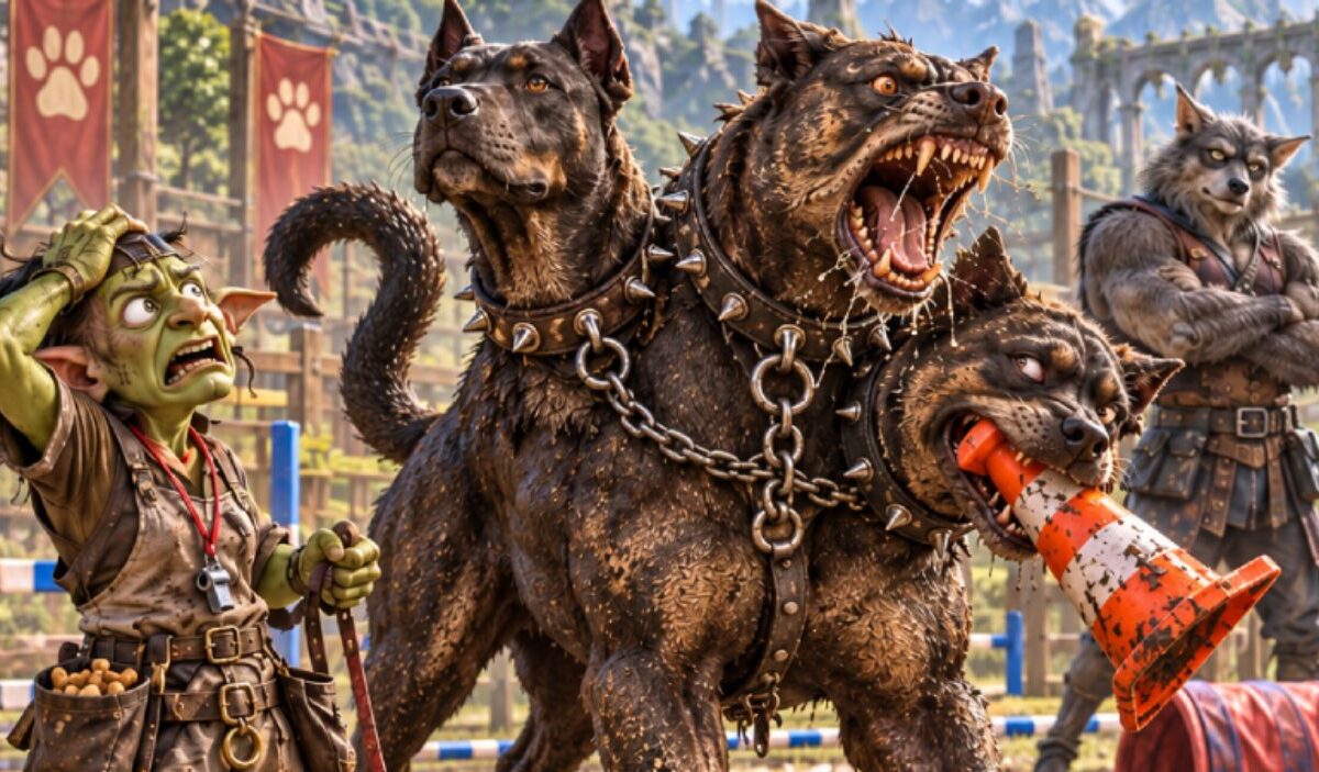 Absurd-fotorealistische Fantasy-Szene auf einem matschigen Hundeplatz: Ein völlig überforderter Goblin-Hundetrainer hält die Leine eines riesigen dreiköpfigen Zerberus mit nur vier Beinen. Die drei Köpfe reagieren völlig unterschiedlich: Einer schaut aufmerksam, einer bellt aggressiv, und einer hat einen orangefarbenen Trainingskegel im Maul.