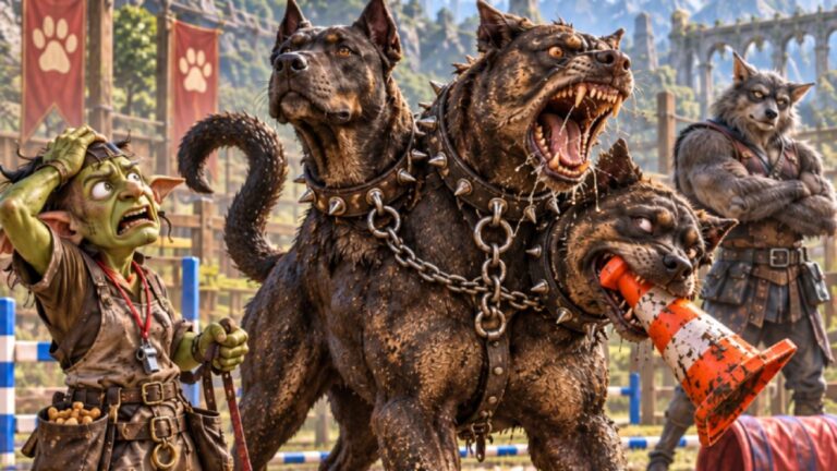 Absurd-fotorealistische Fantasy-Szene auf einem matschigen Hundeplatz: Ein völlig überforderter Goblin-Hundetrainer hält die Leine eines riesigen dreiköpfigen Zerberus mit nur vier Beinen. Die drei Köpfe reagieren völlig unterschiedlich: Einer schaut aufmerksam, einer bellt aggressiv, und einer hat einen orangefarbenen Trainingskegel im Maul.