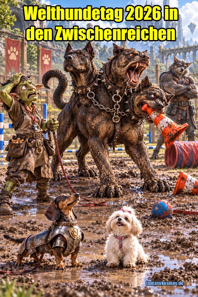 Absurd-fotorealistische Fantasy-Szene auf einem matschigen Hundeplatz: Ein völlig überforderter Goblin-Hundetrainer hält die Leine eines riesigen dreiköpfigen Zerberus mit nur vier Beinen. Die drei Köpfe reagieren völlig unterschiedlich: Einer schaut aufmerksam, einer bellt aggressiv, und einer hat einen orangefarbenen Trainingskegel im Maul. Im Vordergrund sitzen ein kleiner Dackel in Rüstung und ein flauschiger Schoßhund erstaunlich brav im Matsch. Im Hintergrund beobachtet ein Werwolf mit verschränkten Armen das Chaos.