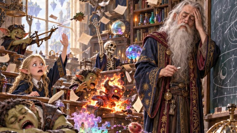 Absurd-fotorealistische Fantasy-Klassenzimmer-Szene: Ein völlig erschöpfter Magierlehrer steht mit Kreide vor der Tafel und blickt mit leerer Geduld in den Raum. Hinter ihm herrscht komplettes Chaos: Ein Goblin-Schüler feuert mit einer kleinen Armbrust, ein Ork-Kind schläft auf dem Tisch, ein Feuerdämon springt aus einem Kessel.