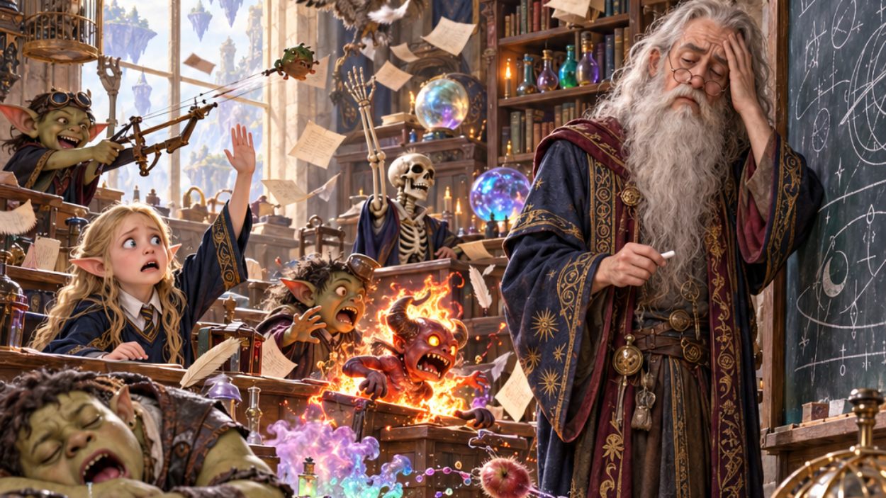 Absurd-fotorealistische Fantasy-Klassenzimmer-Szene: Ein völlig erschöpfter Magierlehrer steht mit Kreide vor der Tafel und blickt mit leerer Geduld in den Raum. Hinter ihm herrscht komplettes Chaos: Ein Goblin-Schüler feuert mit einer kleinen Armbrust, ein Ork-Kind schläft auf dem Tisch, ein Feuerdämon springt aus einem Kessel.