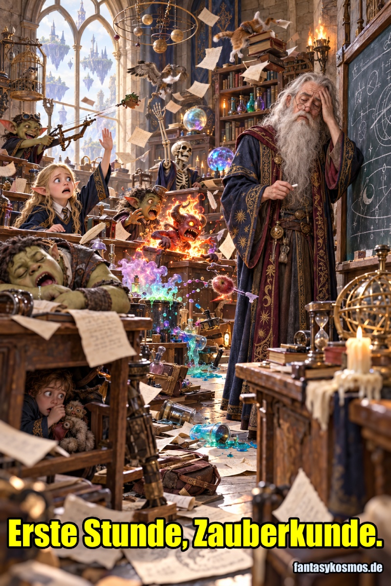 Absurd-fotorealistische Fantasy-Klassenzimmer-Szene: Ein völlig erschöpfter Magierlehrer steht mit Kreide vor der Tafel und blickt mit leerer Geduld in den Raum. Hinter ihm herrscht komplettes Chaos: Ein Goblin-Schüler feuert mit einer kleinen Armbrust, ein Ork-Kind schläft auf dem Tisch, ein Feuerdämon springt aus einem Kessel, ein Skelett sitzt im Klassenraum, und eine Elfin meldet sich panisch, während überall Bücher, Pergamente und Magie durch die Luft fliegen.