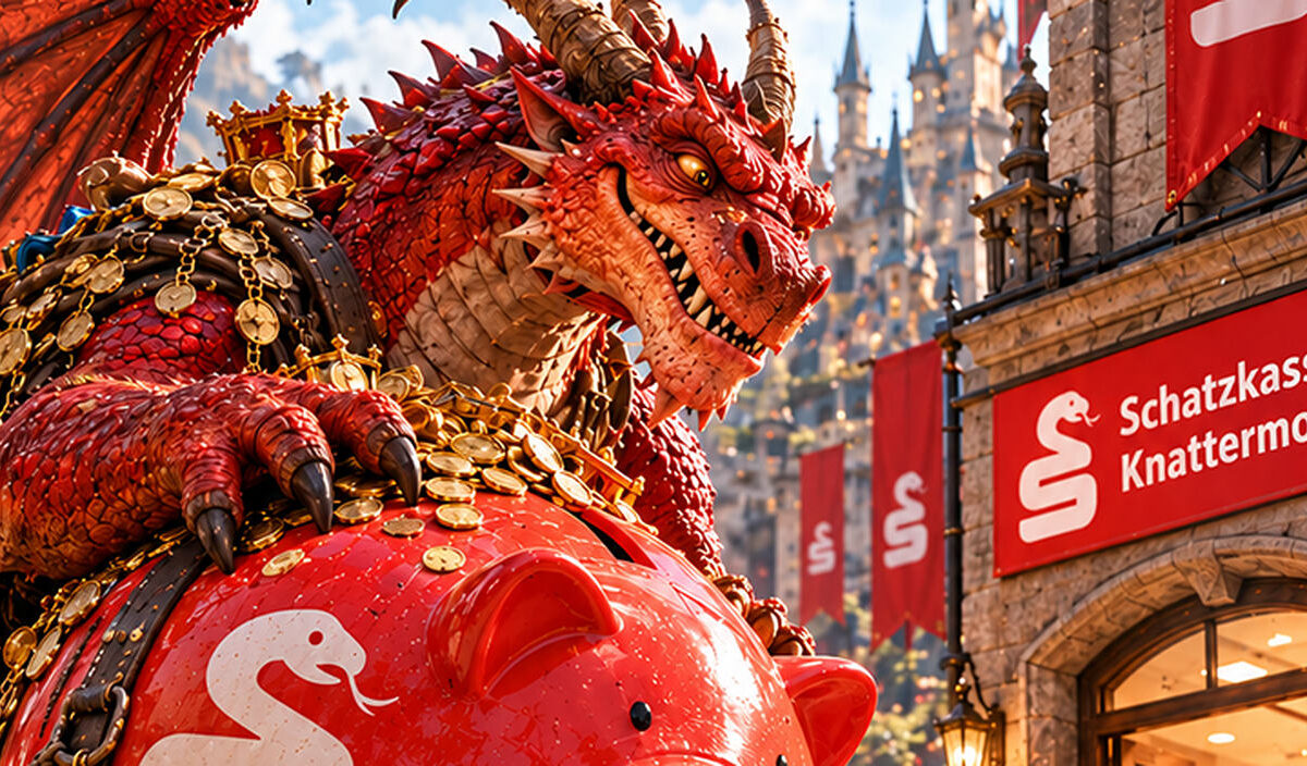 Absurd-fotorealistische Fantasy-Werbeparodie zum Weltspartag 2026: Ein riesiger roter Drache bringt ein gigantisches, knallrotes Sparschwein voller Goldmünzen zur Schatzkasse Knattermoor.