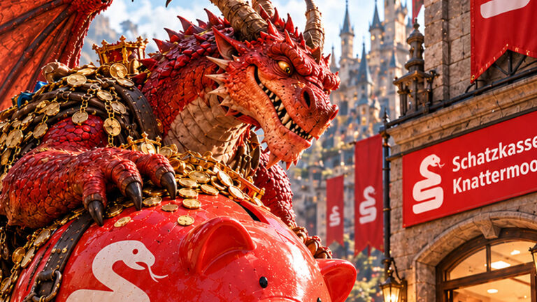 Absurd-fotorealistische Fantasy-Werbeparodie zum Weltspartag 2026: Ein riesiger roter Drache bringt ein gigantisches, knallrotes Sparschwein voller Goldmünzen zur Schatzkasse Knattermoor.