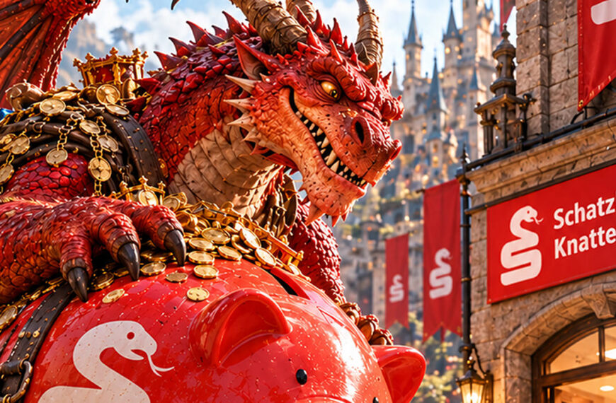 Absurd-fotorealistische Fantasy-Werbeparodie zum Weltspartag 2026: Ein riesiger roter Drache bringt ein gigantisches, knallrotes Sparschwein voller Goldmünzen zur Schatzkasse Knattermoor.