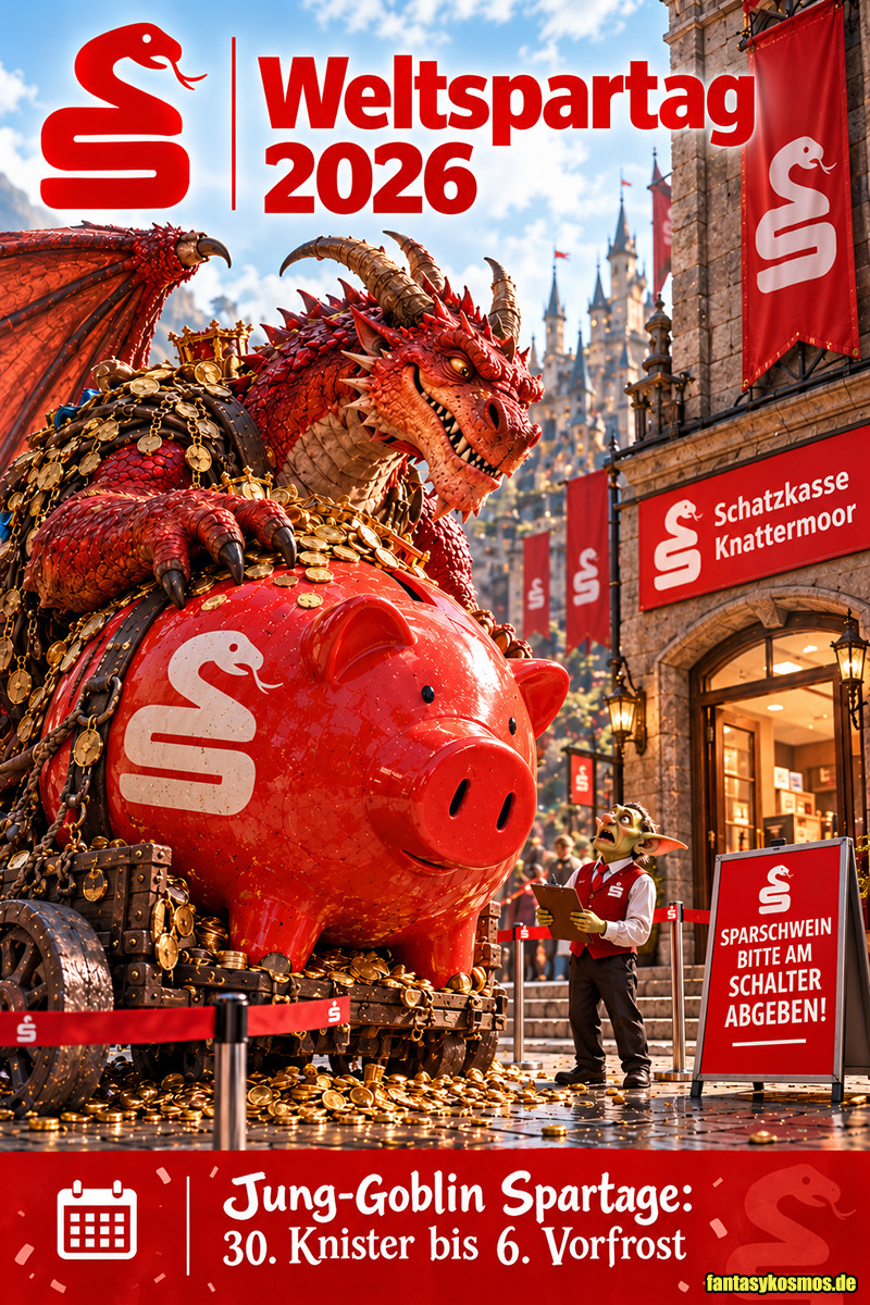 Absurd-fotorealistische Fantasy-Werbeparodie zum Weltspartag 2026: Ein riesiger roter Drache bringt ein gigantisches, knallrotes Sparschwein voller Goldmünzen zur Schatzkasse Knattermoor. Ein winziger Goblin-Bankangestellter steht fassungslos mit einem Klemmbrett daneben. Die mittelalterliche Bank trägt rot-weiße Werbeschilder mit einem Schlangen-S als Logo. Ein Aufsteller fordert: „Sparschwein bitte am Schalter abgeben!“ Unten werden die „Jung-Goblin Spartage“ angekündigt.